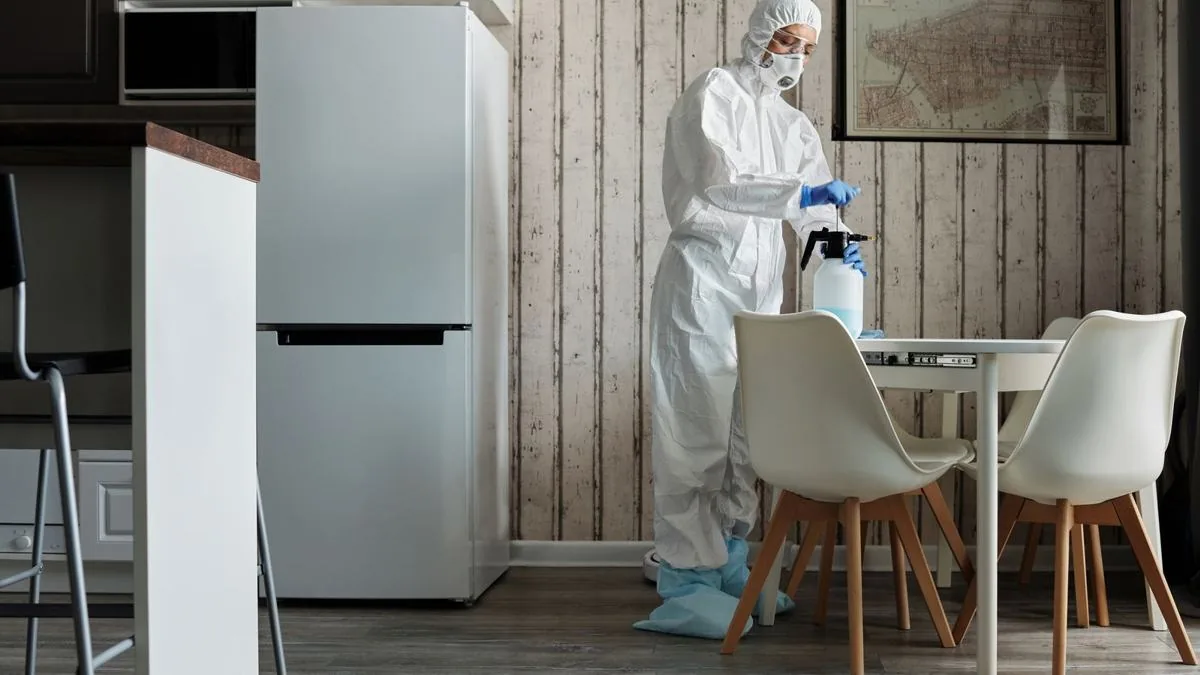 Technician in protective suit treating a home interior, pest control search terms