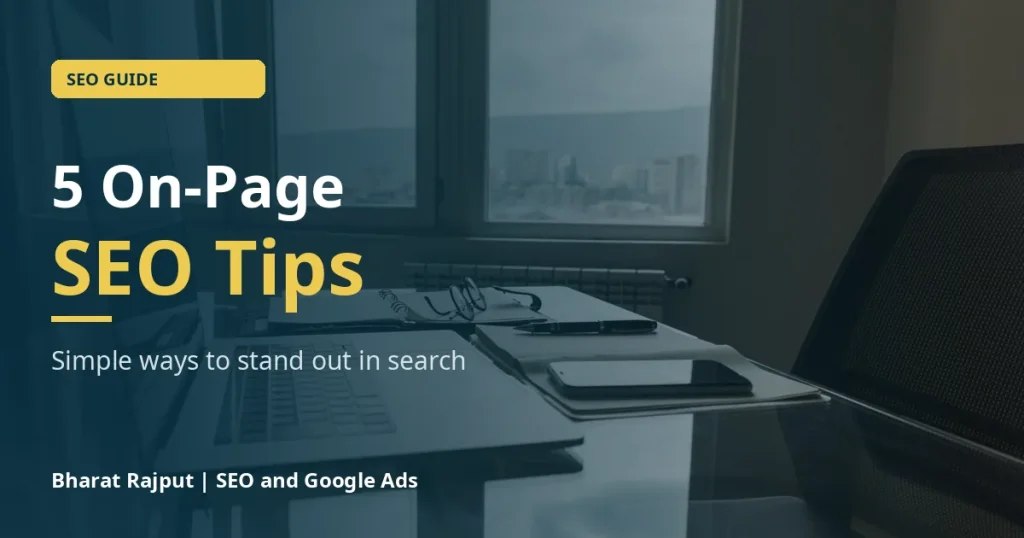 On-page SEO tips: laptop and notebook on a desk by a window