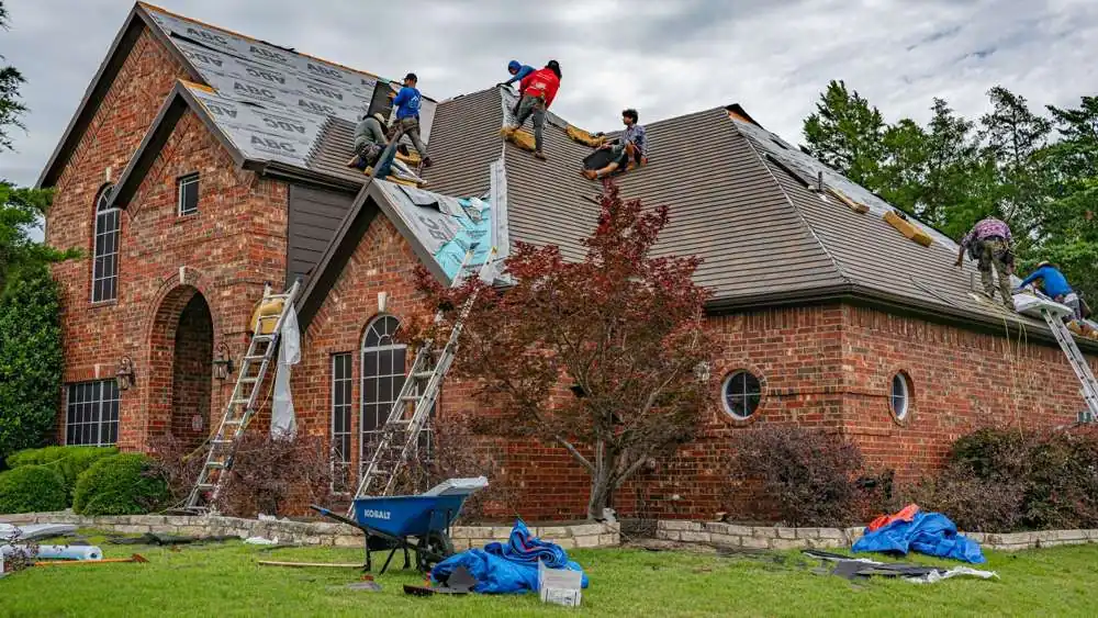 Roofing crew replacing the roof of a brick house, negative keywords for roofers